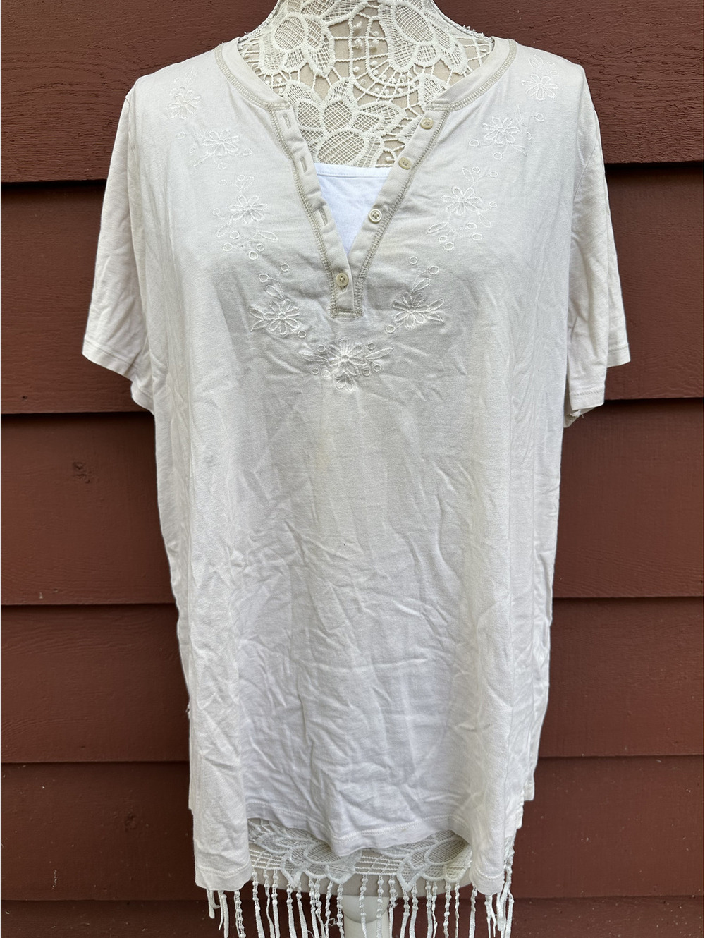 White Stag Boho Embroidered Henley Top Neutral Beige Casual Cottage